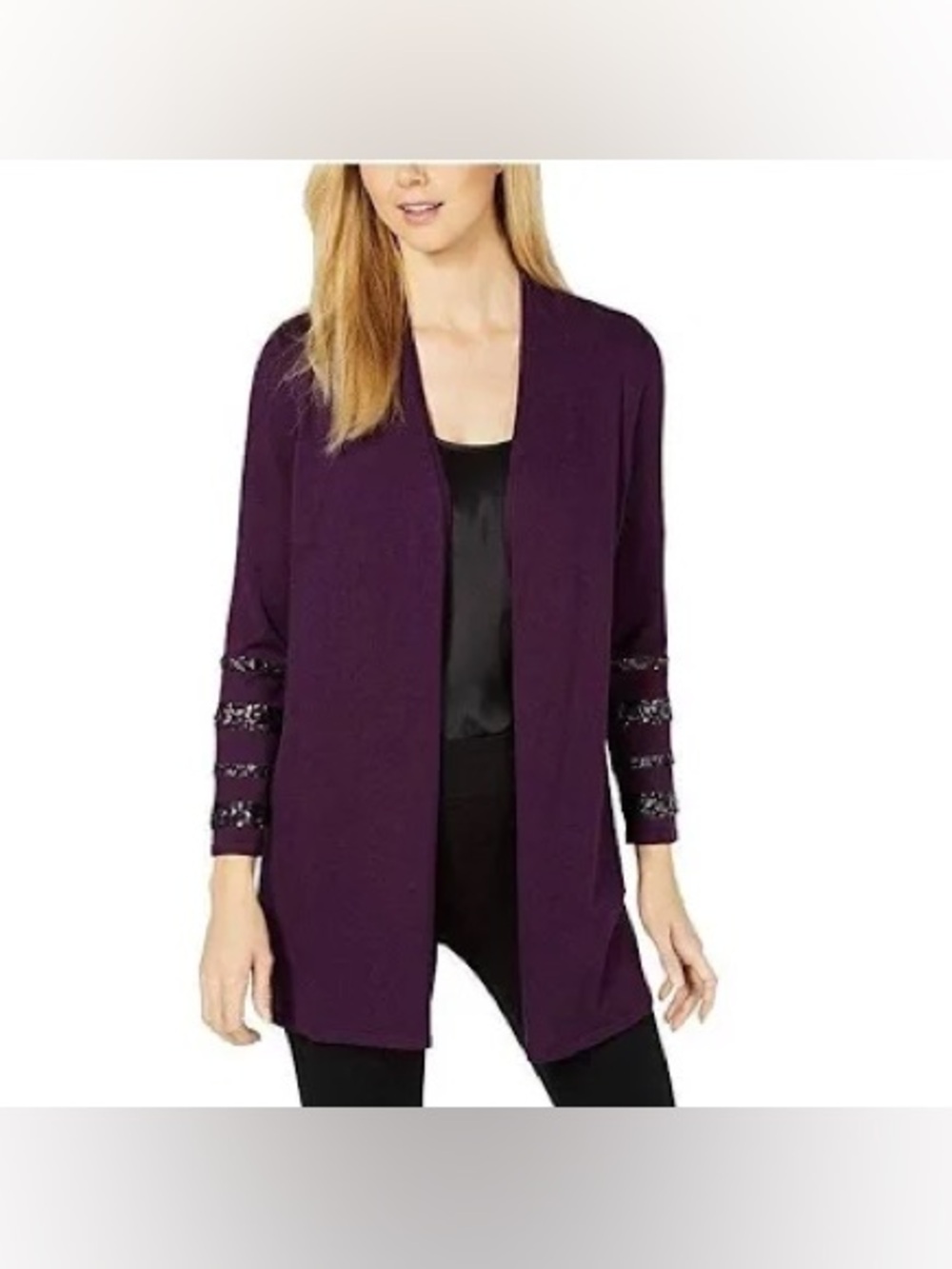 NWT Alfani Plum Open-Front Long Cardigan with Beaded Sleeve Stripes